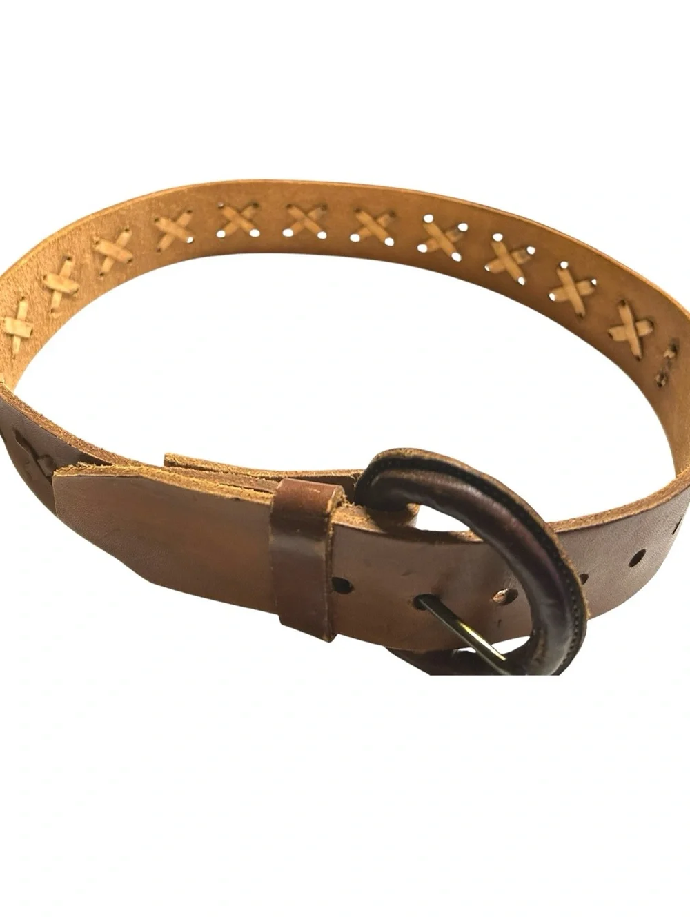 Brown leather belt with X-weave crisscross stitched along the strap.